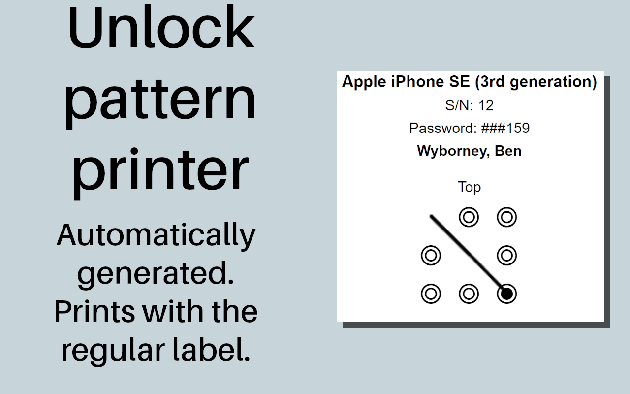The patterns from the unlock-pattern-recorder are automatically printed out with each barcode label.