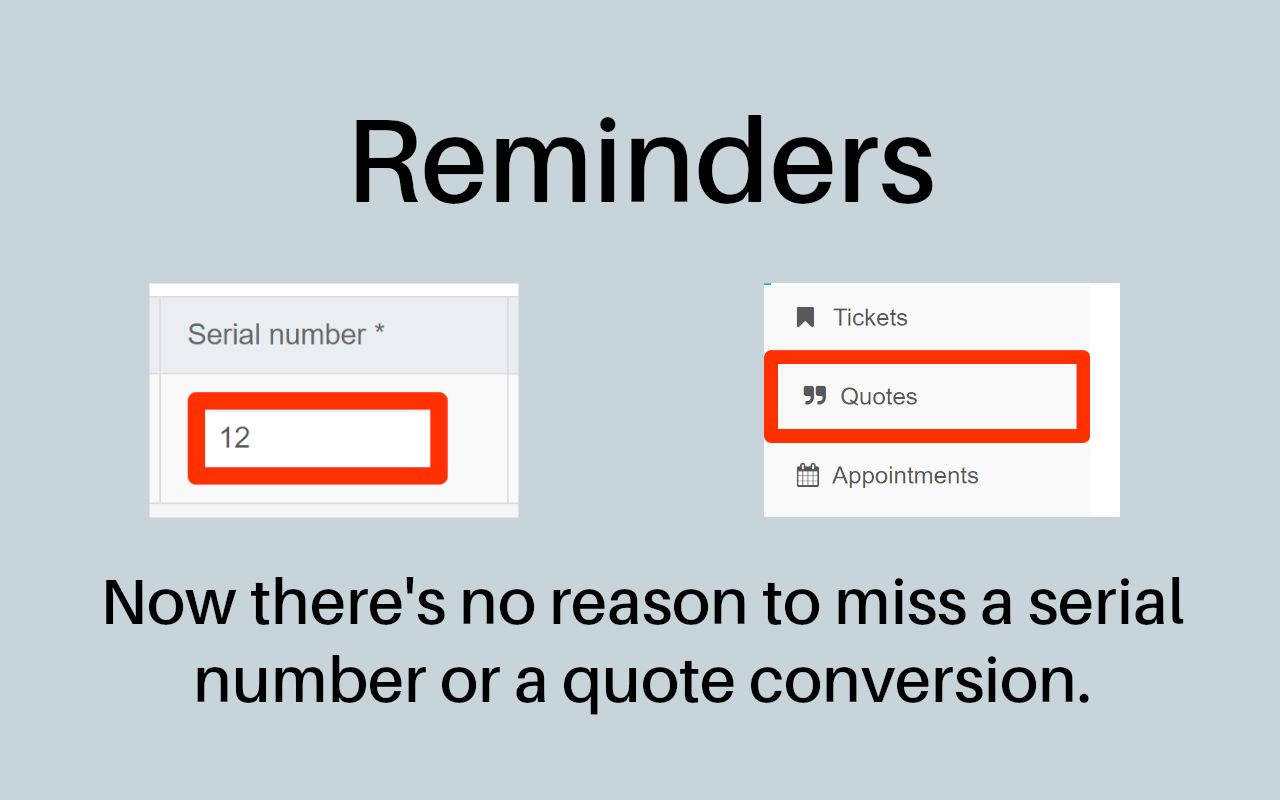 Visual reminders for serial numbers and quote conversions. A bright red square is placed around each element.